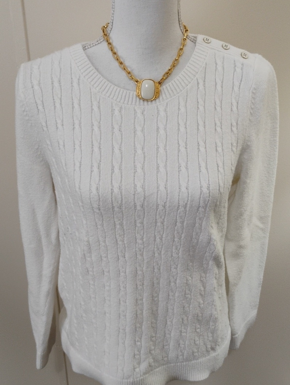 Talbots Cream Cable Knit Crewneck Sweater with Shoulder Buttons